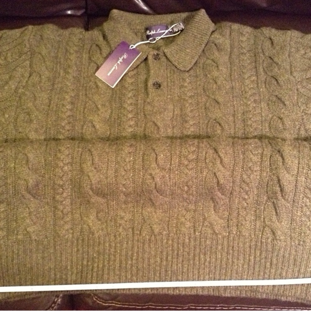 Ralph Lauren Purple Label Cable-Knit Olive Green Luxury Cashmere Polo Sweater - Picture 7 of 16